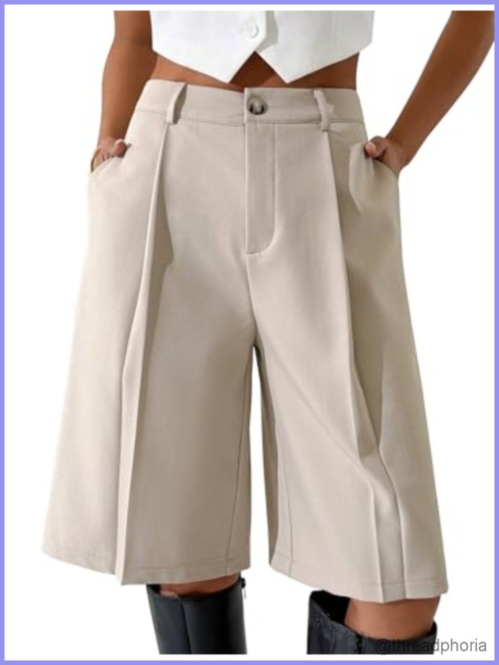 Bermuda Shorts Knee Length Wide Leg Pleated Pockets Elastic Waist Dressy Casual